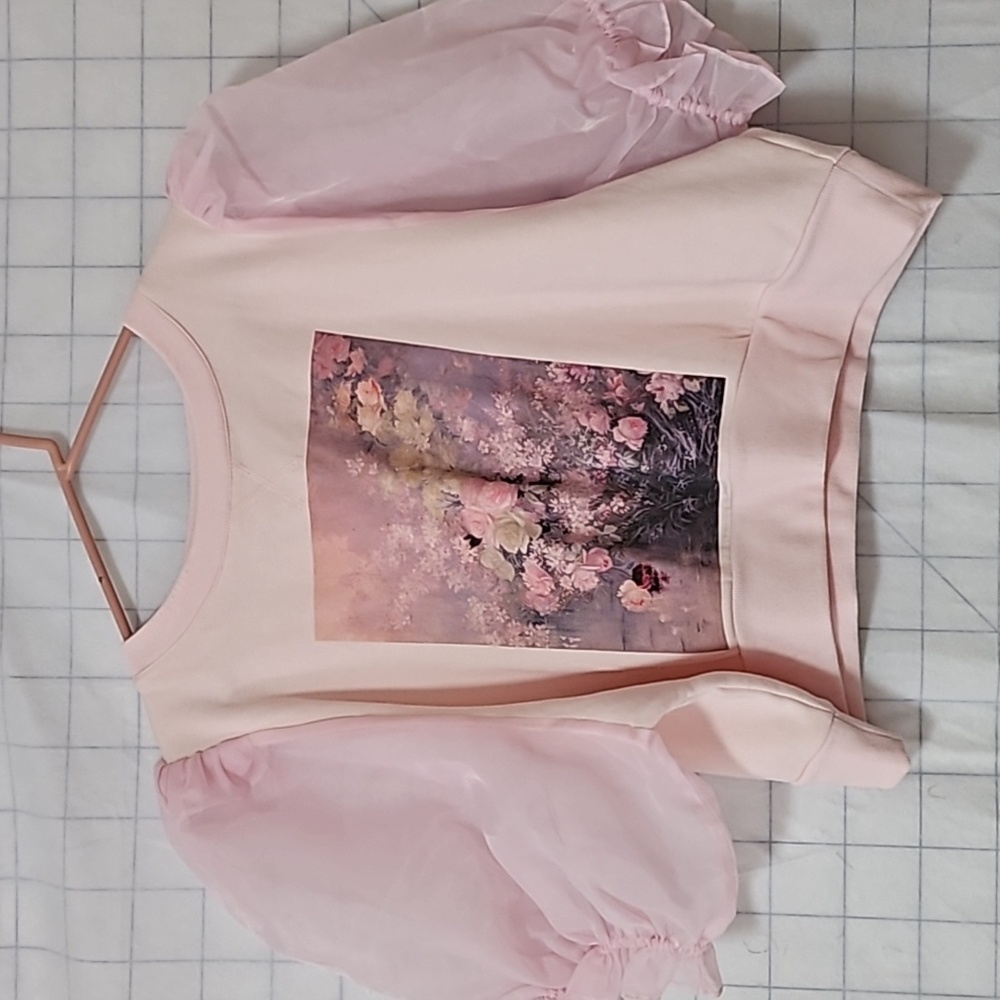 Selkie Pink Cropped Puff Sleeve Sweatshirt with Flowers
